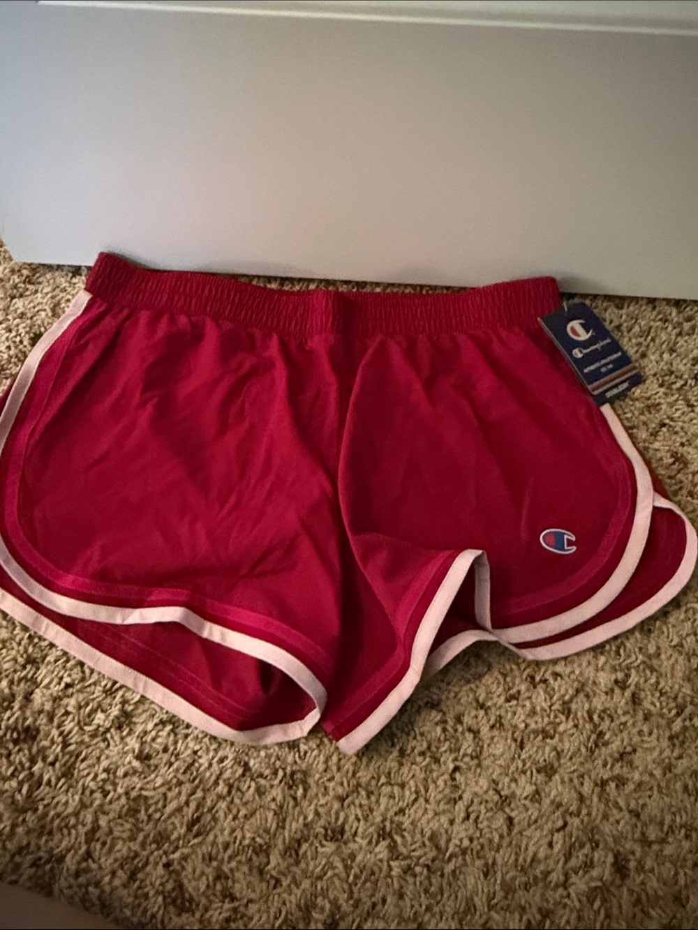 Champion Women’s Cherry Red Athletic Shorts with Pink Trim